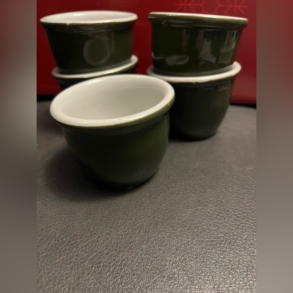 These are vintage Hall China Forest Green & White custard cups or ramekins.